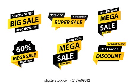 Sale tags collection. Special offer, big sale, discount, best price, mega sale banner set. Shop or online shopping. Sticker, badge, coupon, store. Vector Illustration.