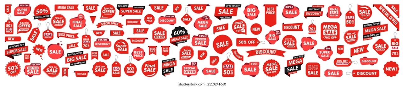 Sale tags collection. Special offer, big sale, discount, best price, mega sale banner set. Shop or online shopping. Sticker, badge, coupon, store. Vector Illustration.
