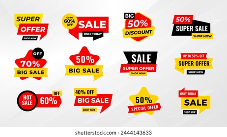  Sale tags collection. Special offer, big sale, discount, best price, mega sale banner set. Shop or online shopping. Sticker, badge, coupon store Vector Illustration