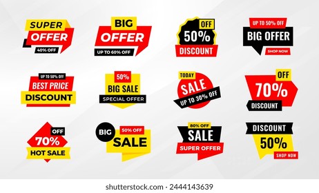  Sale tags collection. Special offer, big sale, discount, best price, mega sale banner set. Shop or online shopping. Sticker, badge, coupon store Vector Illustration