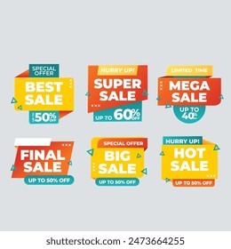 Sale tags collection. Special offer, big sale, discount, best price, mega sale banner set. Shop or online shopping. Sticker, badge, coupon, store. Vector Illustration.