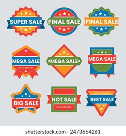 Sale tags collection. Special offer, big sale, discount, best price, mega sale banner set. Shop or online shopping. Sticker, badge, coupon, store. Vector Illustration.