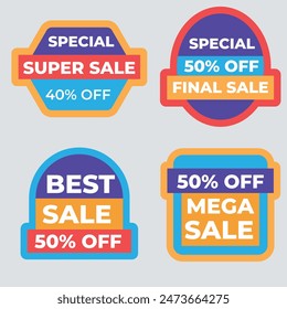 Sale tags collection. Special offer, big sale, discount, best price, mega sale banner set. Shop or online shopping. Sticker, badge, coupon, store. Vector Illustration.