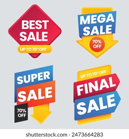 Sale tags collection. Special offer, big sale, discount, best price, mega sale banner set. Shop or online shopping. Sticker, badge, coupon, store. Vector Illustration.