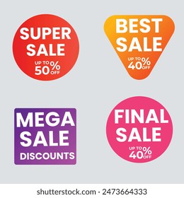 Sale tags collection. Special offer, big sale, discount, best price, mega sale banner set. Shop or online shopping. Sticker, badge, coupon, store. Vector Illustration.