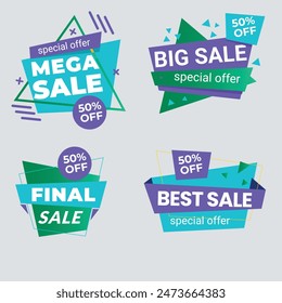 Sale Tags-Kollektion. Sonderangebot, Großverkauf, Rabatt, bester Preis, Mega Sale Banner Set. Shoppen oder online einkaufen. Aufkleber, Abzeichen, Coupon, Laden. Vektorillustration.