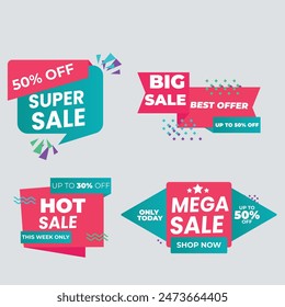 Sale tags collection. Special offer, big sale, discount, best price, mega sale banner set. Shop or online shopping. Sticker, badge, coupon, store. Vector Illustration.