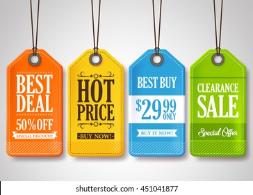 Sale Tags Design Collection Hanging with Different Colors for Store Promotions in White Background. Vector Illustration.
