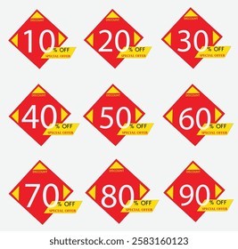 Sale tags with different percentages. Vector illustration. Special offer sale red tags. Ten, twenty, thirty, forty, fifty, sixty, seventy. eighty, ninety percent. Sale stickers isolated