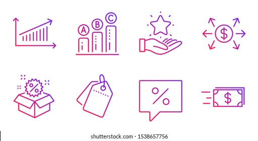 Sale tags, Discount message and Graph chart line icons set. Loyalty program, Dollar exchange and Chart signs. Sale, Money transfer symbols. Discount labels, Special offer. Finance set. Vector