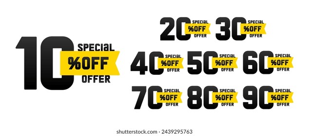 Sale Tags. Discount Promotion. Set badges template with percent sale. Flat stickers. Vector illustration.