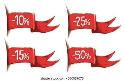 Sale tags discount. Vintage tapes. Pencil style.Vector ribbon