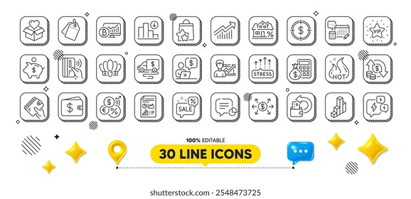Etiquetas de venda, Bolha de descontos e Bitcoin gráfico de ícones de linha pacote. Elementos de design 3d. Trânsito de caixa, curva de Demanda, ícone da Web Relatório do documento. Estatística, Calculadora financeira, Pictograma de reembolso. Vetor