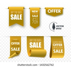 Sale tags. Gold sale badges or labels. Vector ribbons.