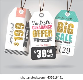 Sale tags with gold glitter texture.