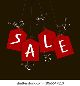 Sale tags with happy stick figures.Vector illustration