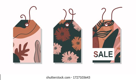 Sale tags, labels with abstract leaves pattern. Vector set of tags with floral ornament in pastel colors. For greeting cards, invitations, gifts decoration, sales design, scrapbooking and other.