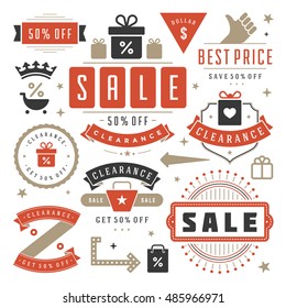 Sale Tags and Labels Design Vector Vintage Set for Banners, Promotional Brochures, Discount Poster, Shopping Flyer, Clearance Advertising. Collection Sale objects and icons.