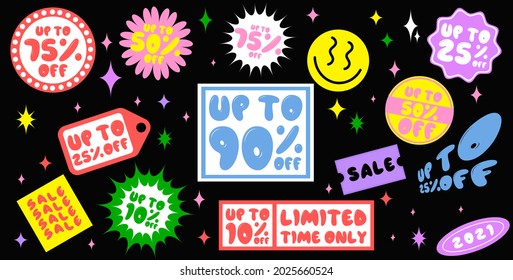 Sale Tags. Limited Time Offer Label, In A Cartoon Style And Bright Colors, Acid Graphics, All Elements Isolated