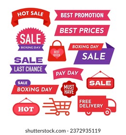 Etiquetas de venta para campaña de marketing y promoción, sticker de descuento, iconos de oferta especial, insignia de pago, día de boxeo, banner, ahorrar más, precio más barato, artículo caliente, debe tener, entrega gratuita, añadir al carrito, etc.