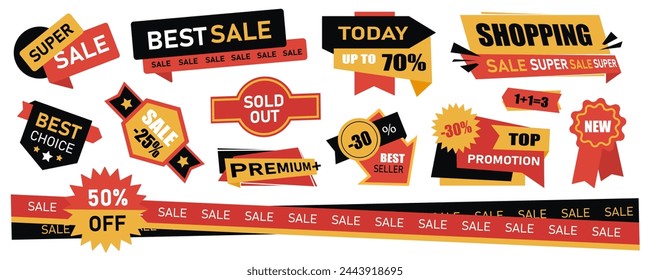 Sale tags mega set in flat graphic design. Collection elements of advertising stickers or badges for shopping clearance offers with discount percent prices and promo announcement. Vector illustration.