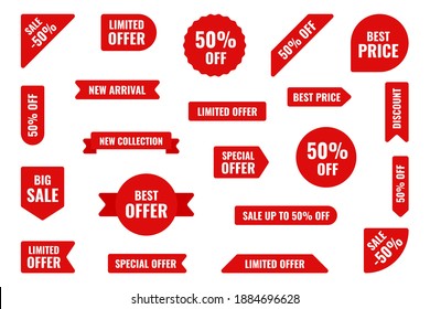 Sale tags in minimalist flat style isolated on white background. Set of red promotional price labels with rounded corners