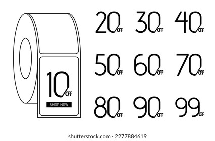 Sale Tags paper roll set up to 10%, 20%, 30%, 40%, 50%, 60%, 70%, 80%, 90% Discount. vector badges template. Sale offer price sign. Special offer symbol. Discount promotion. Discount badge shape.