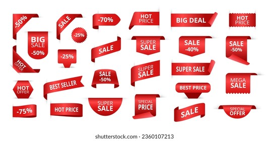 Sale tags. Red ribbon discount labels, special offer badges and promotional banners isolated vector set of discount price ribbon illustration