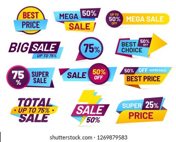 Sale Tags. Retail Sales Stickers, Promotion Price Label And Store Pricing Banner Sticker. Web Sale Promo Tag Or Best Special Cheap Prices Discount. Total Mega Sale Isolated Vector Icons Set