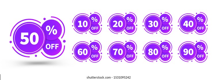 Sale tags set badges template, up to 10, 20, 90, 80, 30, 40, 50, 60, 70 percent off. Templates ready for use in web or print design. Vector Illustration.