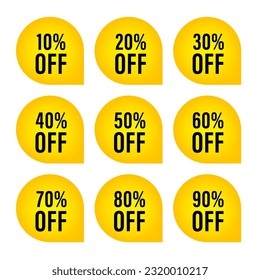 Sale tags set badges template, 10 off, 20, 30, 40, 50, 60, 70, 80, 90 percent sale label symbols. Big sale concept. Discount promotion flat icon. Vector illustration