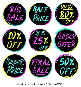 Sale tags set. Grunge frames. Discount stickers. Special offer. Coupon. Prisetag. Ink stain. Paint circles. Black Friday. Grunge textures.
