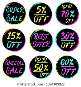 Sale tags set. Grunge frames. Discount stickers. Special offer. Coupon. Prisetag. Ink stain. Paint circles. Black Friday. Grunge textures.
