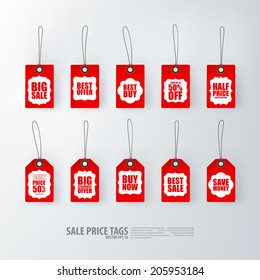 Sale tags set in red and white colors.