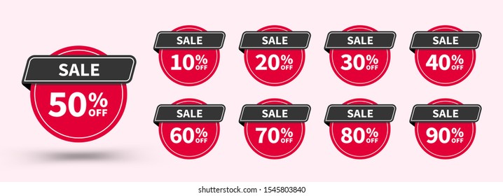 Sale tags set template, up to 10, 20, 30, 40, 50, 60, 70, 80, 90 percent off. Templates ready for use in ad design, web and print design. Trendy red flat discount banners or stickers.