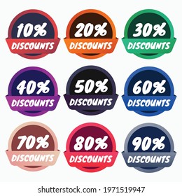 Sale tags set vector badge discount template, up to 10, 20, 90, 80, 30, 40, 50, 60, 70, 80, 90 percent off, vector illustracion.