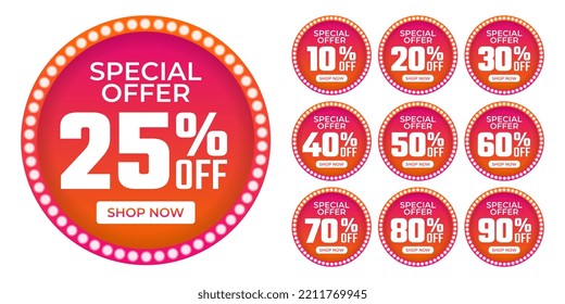 Sale tags set vector badge 10%, 20%, 30%, 40%, 50%, 60%, 70%, 80%, 90%  Special offer and discount promotion big mega flash sale