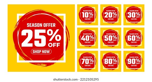 Etiquetas de venta conjunto de placa vectorial 10%, 20%, 30%, 40%, 50%, 60%, 70%, 80%, 90% Oferta especial y promoción de descuento gran mega venta flash