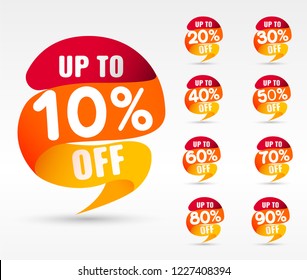 Sale tags set vector badges template, 10 off, 20 %, 90, 80, 30, 40, 50, 60, 70 percent sale label symbols, discount promotion flat icon with long shadow, clearance sale sticker emblem red rosette