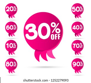 Sale tags set vector badges template, 10 off, 20 %, 90, 80, 30, 40, 50, 60, 70 percent sale label symbols, discount promotion flat icon with long shadow, clearance sale sticker emblem red rosette