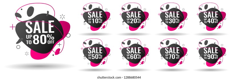 Sale tags set vector badges template, 10 off, 20 %, 90, 80, 30, 40, 50, 60, 70 percent sale label symbols, discount promotion flat icon with long shadow, clearance sale sticker emblem red rosette