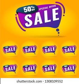 Sale tags set vector badges template, neon. 10 off, 20 %, 90, 80, 30, 40, 50, 60, 70 percent label symbols, discount promotion flat icon with long shadow, clearance sticker emblem red rosette