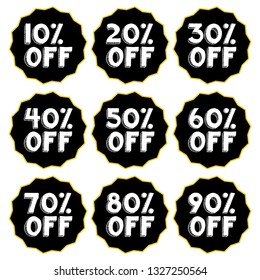 Sale tags set vector badges template, 10 off, 20%, 30, 40, 50, 60, 70, 80, 90 percent sale label symbols, discount promotion flat icon - vector