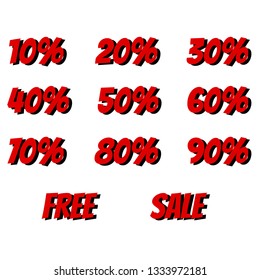 Sale tags set vector badges template, 10 off, 15 %, 20, 25, 30, 40, 50, 60, 70 percent sale label symbols, discount promotion flat icon. Vector illustration.