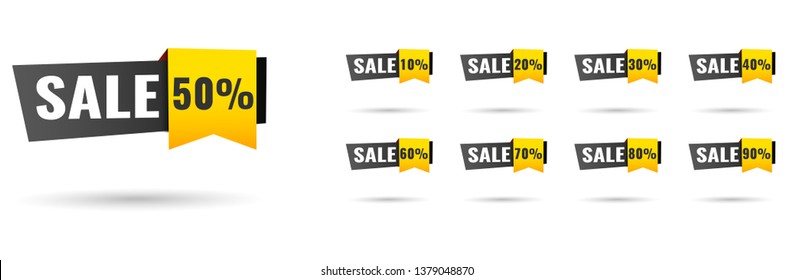 Sale tags set vector badges template, 10 off, 20 %, 90, 80, 30, 40, 50, 60, 70 percent sale label symbols, discount promotion flat icon with long shadow, clearance sale sticker emblem red rosette