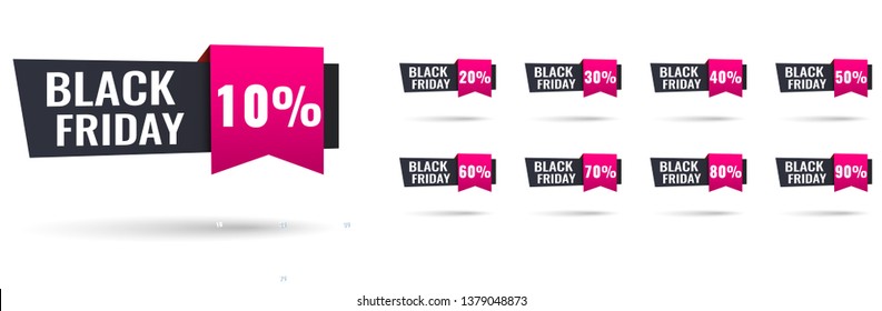 Sale tags set vector badges template, 10 off, 20 %, 90, 80, 30, 40, 50, 60, 70 percent sale label symbols, discount promotion flat icon with long shadow, clearance sale sticker emblem red rosette