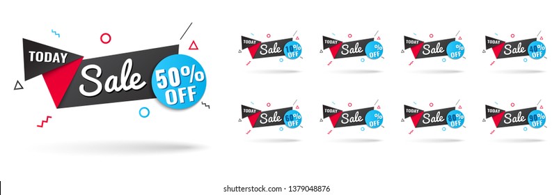 Sale tags set vector badges template, 10 off, 20 %, 90, 80, 30, 40, 50, 60, 70 percent sale label symbols, discount promotion flat icon with long shadow, clearance sale sticker emblem red rosette