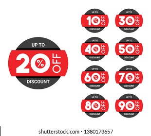 Sale tags set vector badges template, percent sale label symbols, discount promotion flat icon. 10% off, 20, 30, 40, 50, 60, 70, 80, 90 percent sale label symbols.
