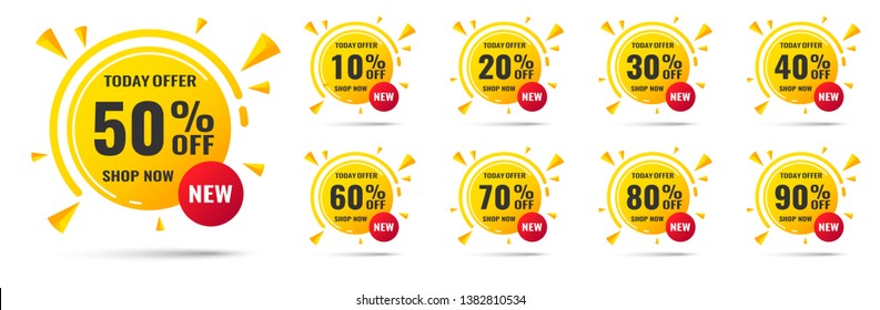 Sale tags set vector badges template with percent sale label symbols, discount promotion flat icon with long shadow, clearance sale sticker emblem red rosette