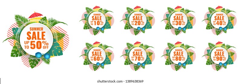 Sale tags set vector badges template, up to 10, 20, 90, 80, 30, 40, 50, 60, 70 percent off, vector illustracion.